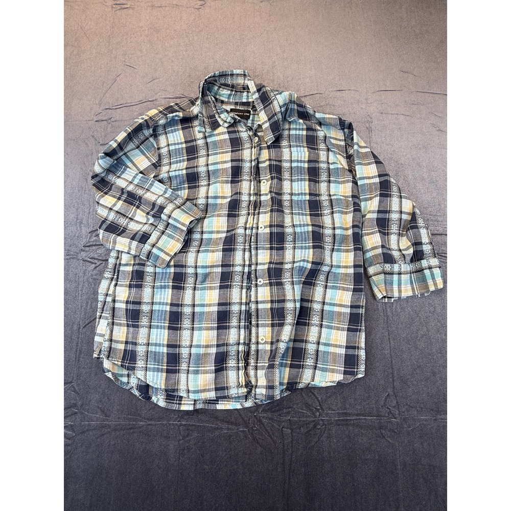 Company One Plaid Flannel Shirt Women's Large Blue Gray Yellow Button Up Cotton